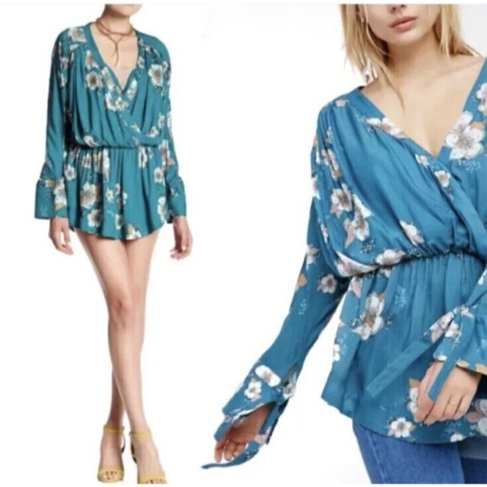 Free People Small Teal Floral Tuscan Dreams Tunic Blouse Mini Dress